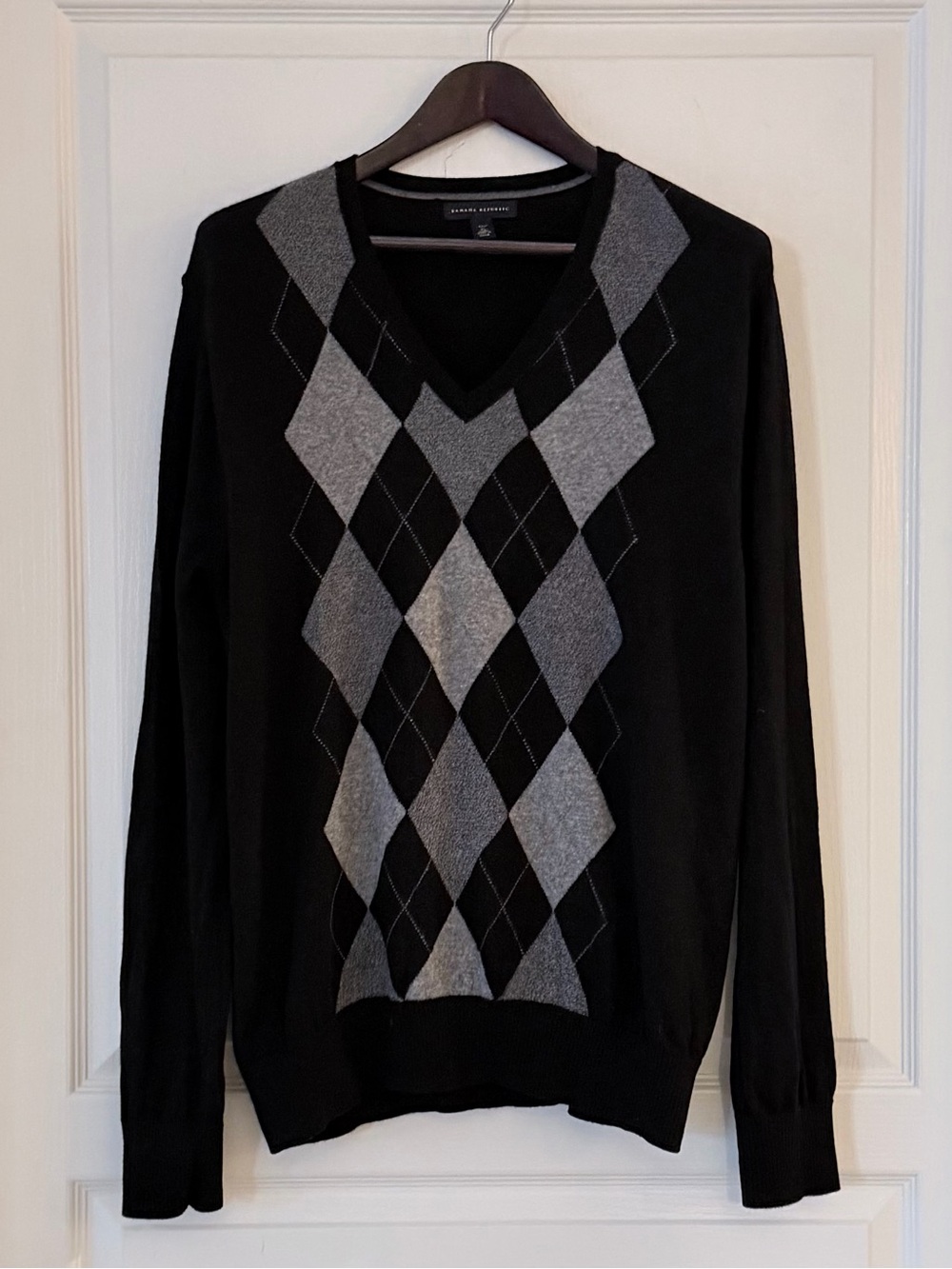 Banana Republic Black Wool V-Neck Sweater with Gray Argyle